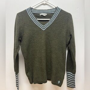 Smartwool Green V-Neck Sweater with Striped Trim L
